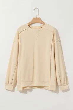 Outlet Dear-Lover Splicing Round Neck Pullover Sweatshirt Beige