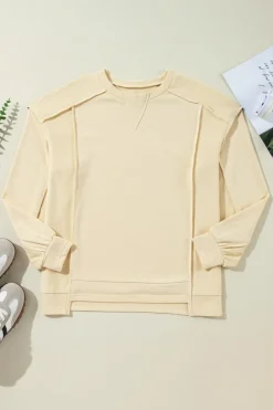 Outlet Dear-Lover Splicing Round Neck Pullover Sweatshirt Beige