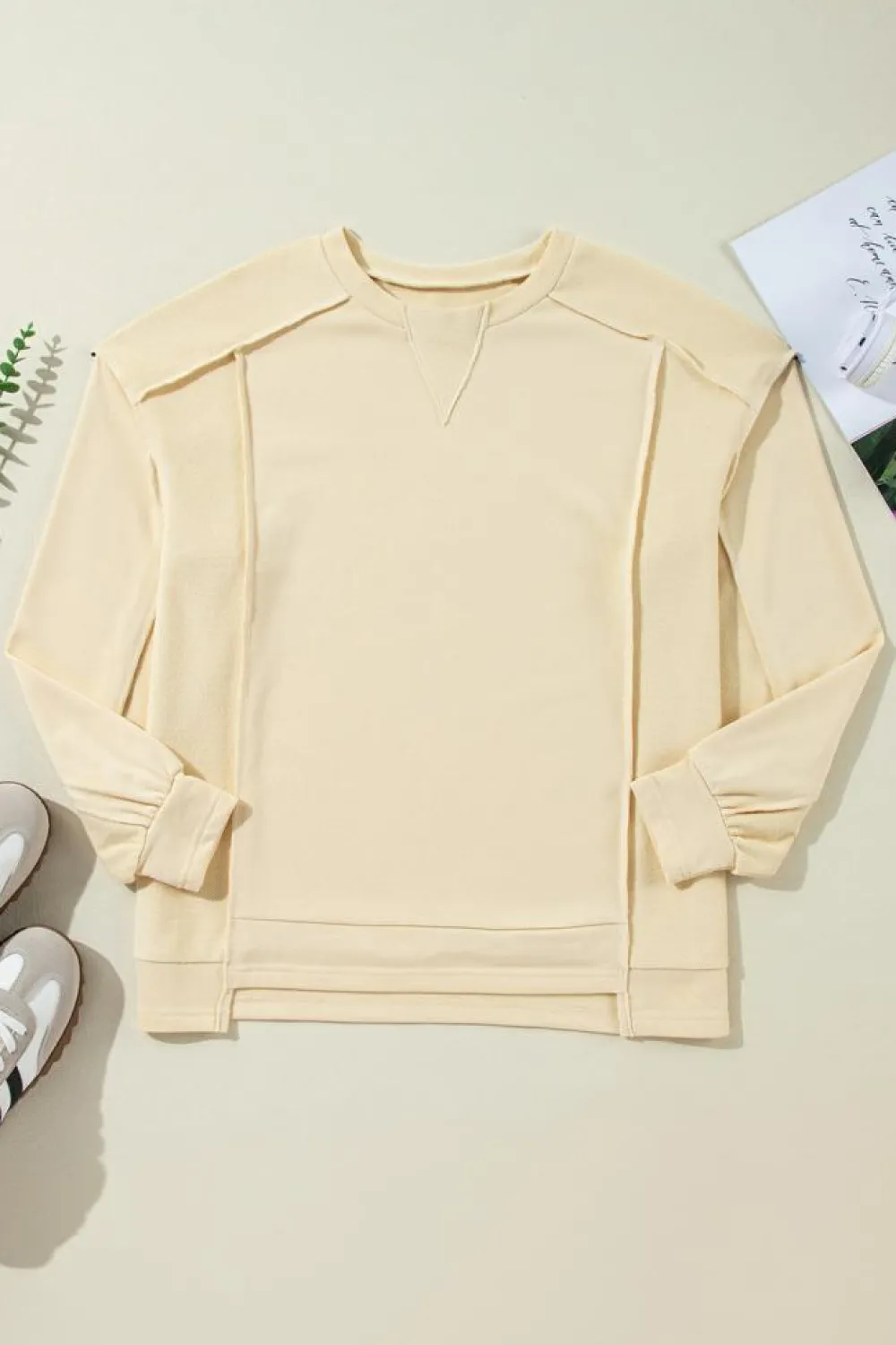 Outlet Dear-Lover Splicing Round Neck Pullover Sweatshirt Beige