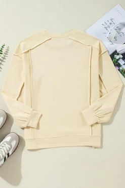 Outlet Dear-Lover Splicing Round Neck Pullover Sweatshirt Beige