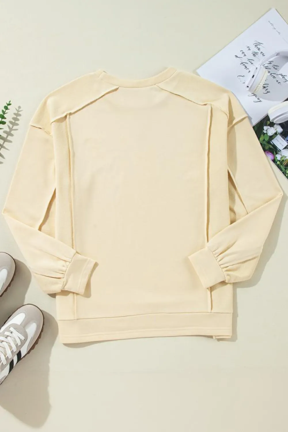 Outlet Dear-Lover Splicing Round Neck Pullover Sweatshirt Beige