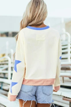 Discount Dear-Lover Star Patchwork Exposed Seam Oversized Sweatshirt Beige