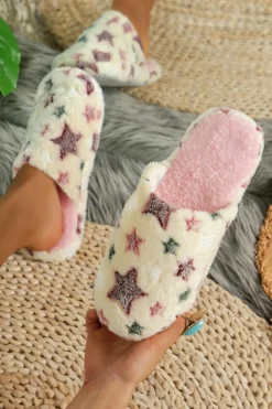 Online Dear-Lover Star Pattern Plush Home Slippers Beige