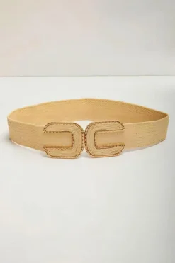 Best Dear-Lover Straw Braided Elastic Wide Belt Beige