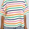 Discount Dear-Lover Dropped Short Sleeve Boxy Fit Knitted Top Beige Stripe