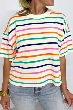 Discount Dear-Lover Dropped Short Sleeve Boxy Fit Knitted Top Beige Stripe