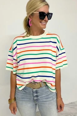 Discount Dear-Lover Dropped Short Sleeve Boxy Fit Knitted Top Beige Stripe