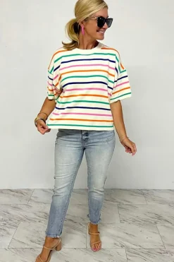 Discount Dear-Lover Dropped Short Sleeve Boxy Fit Knitted Top Beige Stripe