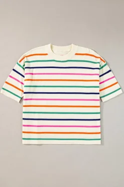Discount Dear-Lover Dropped Short Sleeve Boxy Fit Knitted Top Beige Stripe
