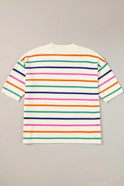 Discount Dear-Lover Dropped Short Sleeve Boxy Fit Knitted Top Beige Stripe