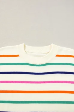 Discount Dear-Lover Dropped Short Sleeve Boxy Fit Knitted Top Beige Stripe