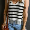 Sale Dear-Lover Loose Knit Fringe Tank Top Beige Stripe