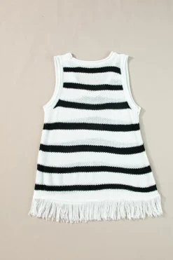 Sale Dear-Lover Loose Knit Fringe Tank Top Beige Stripe
