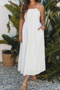 Fashion Dear-Lover Spaghetti Strap Pocketed High Waist Maxi Dress Beige Stripe