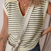 Clearance Dear-Lover Turn-down V Neck Sweater Tank Top Beige Stripe