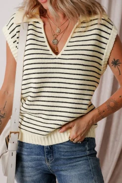 Clearance Dear-Lover Turn-down V Neck Sweater Tank Top Beige Stripe