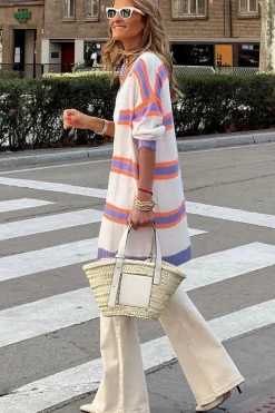 Best Dear-Lover Striped Long Sleeve Ribbed Trim Button Cardigan Beige