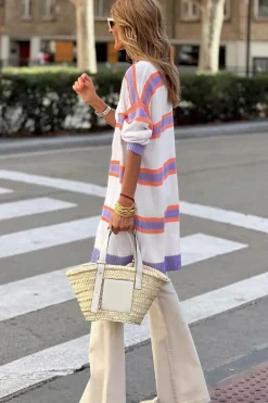 Best Dear-Lover Striped Long Sleeve Ribbed Trim Button Cardigan Beige