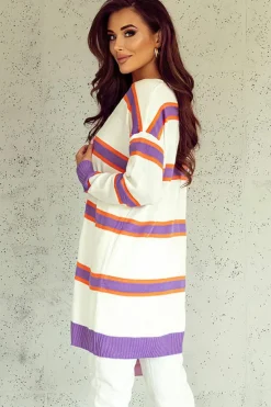 Best Dear-Lover Striped Long Sleeve Ribbed Trim Button Cardigan Beige
