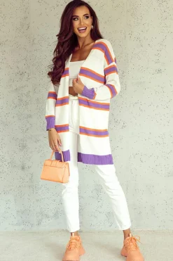 Best Dear-Lover Striped Long Sleeve Ribbed Trim Button Cardigan Beige