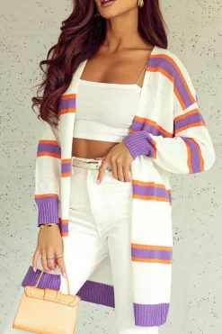 Best Dear-Lover Striped Long Sleeve Ribbed Trim Button Cardigan Beige