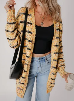 Clearance Dear-Lover Striped Pom Pom Knit Open Front Long Cardigan Beige