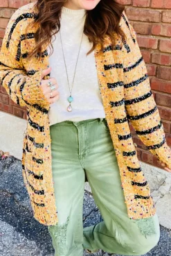 Clearance Dear-Lover Striped Pom Pom Knit Open Front Long Cardigan Beige