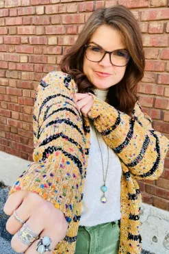 Clearance Dear-Lover Striped Pom Pom Knit Open Front Long Cardigan Beige