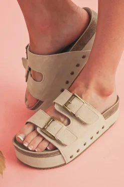 New Dear-Lover Suede Buckle Decor Footbed Sandal Slippers Beige