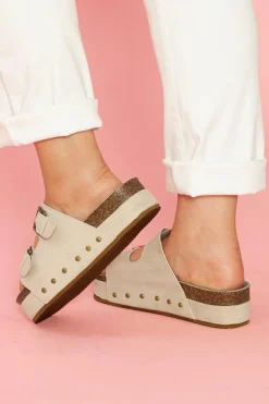 New Dear-Lover Suede Buckle Decor Footbed Sandal Slippers Beige