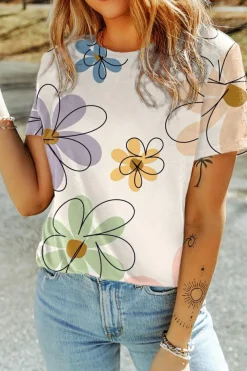 Discount Dear-Lover Summer Flower Print Casual Round Neck T Shirt Beige