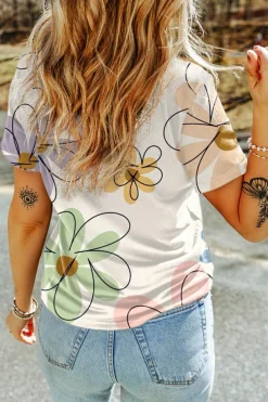 Discount Dear-Lover Summer Flower Print Casual Round Neck T Shirt Beige