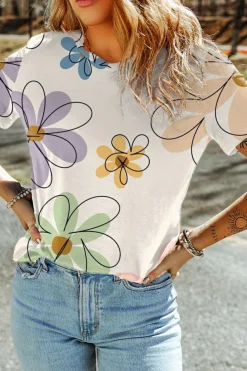 Discount Dear-Lover Summer Flower Print Casual Round Neck T Shirt Beige