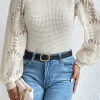 Outlet Dear-Lover Sunflower Mesh Bubble Sleeve Waffle Knit Top Beige