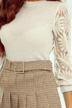 Outlet Dear-Lover Sunflower Mesh Bubble Sleeve Waffle Knit Top Beige