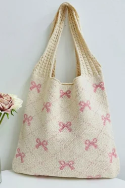 Clearance Dear-Lover Sweet Bowknot Textured Strap Knit Shoulder Bag Beige