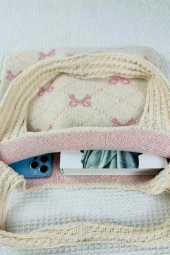 Clearance Dear-Lover Sweet Bowknot Textured Strap Knit Shoulder Bag Beige