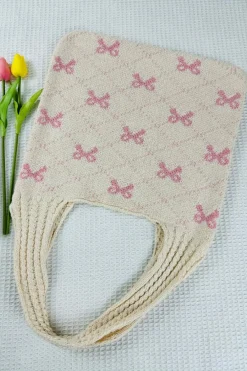 Clearance Dear-Lover Sweet Bowknot Textured Strap Knit Shoulder Bag Beige