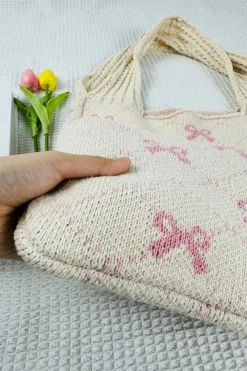 Clearance Dear-Lover Sweet Bowknot Textured Strap Knit Shoulder Bag Beige