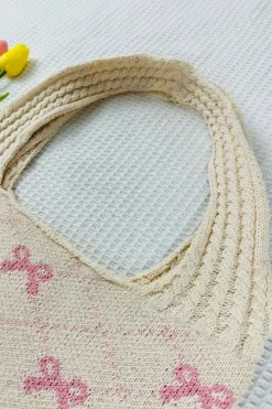 Clearance Dear-Lover Sweet Bowknot Textured Strap Knit Shoulder Bag Beige