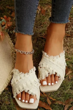 Sale Dear-Lover Tassel Woven Crossed Straps Flat Slippers Beige