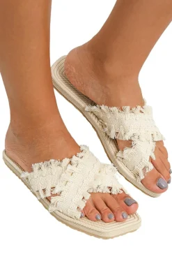 Sale Dear-Lover Tassel Woven Crossed Straps Flat Slippers Beige