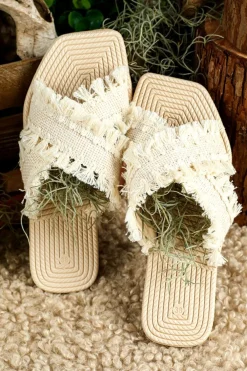 Sale Dear-Lover Tassel Woven Crossed Straps Flat Slippers Beige