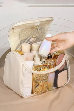 New Dear-Lover TASTY Print Handle Inside Pocket Clear Makeup Bag Beige