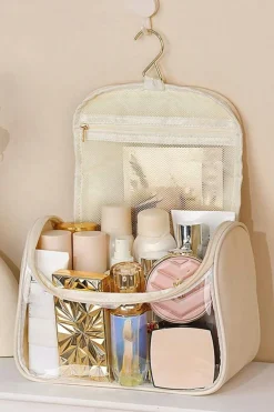 New Dear-Lover TASTY Print Handle Inside Pocket Clear Makeup Bag Beige