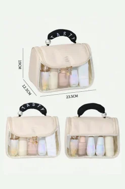New Dear-Lover TASTY Print Handle Inside Pocket Clear Makeup Bag Beige