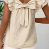 Discount Dear-Lover Textured Bow Knot Frilled Butterfly Sleeve Blouse Beige