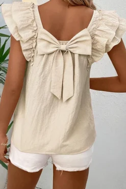 Discount Dear-Lover Textured Bow Knot Frilled Butterfly Sleeve Blouse Beige