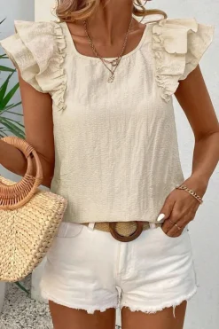 Discount Dear-Lover Textured Bow Knot Frilled Butterfly Sleeve Blouse Beige