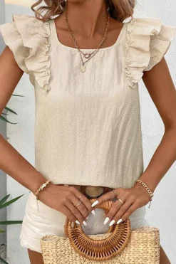 Discount Dear-Lover Textured Bow Knot Frilled Butterfly Sleeve Blouse Beige